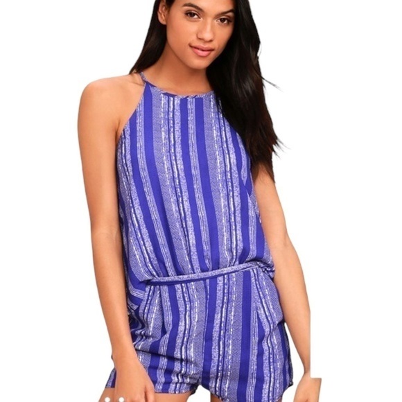LULU'S See You Smile Blue Striped Romper - Picture 3 of 16